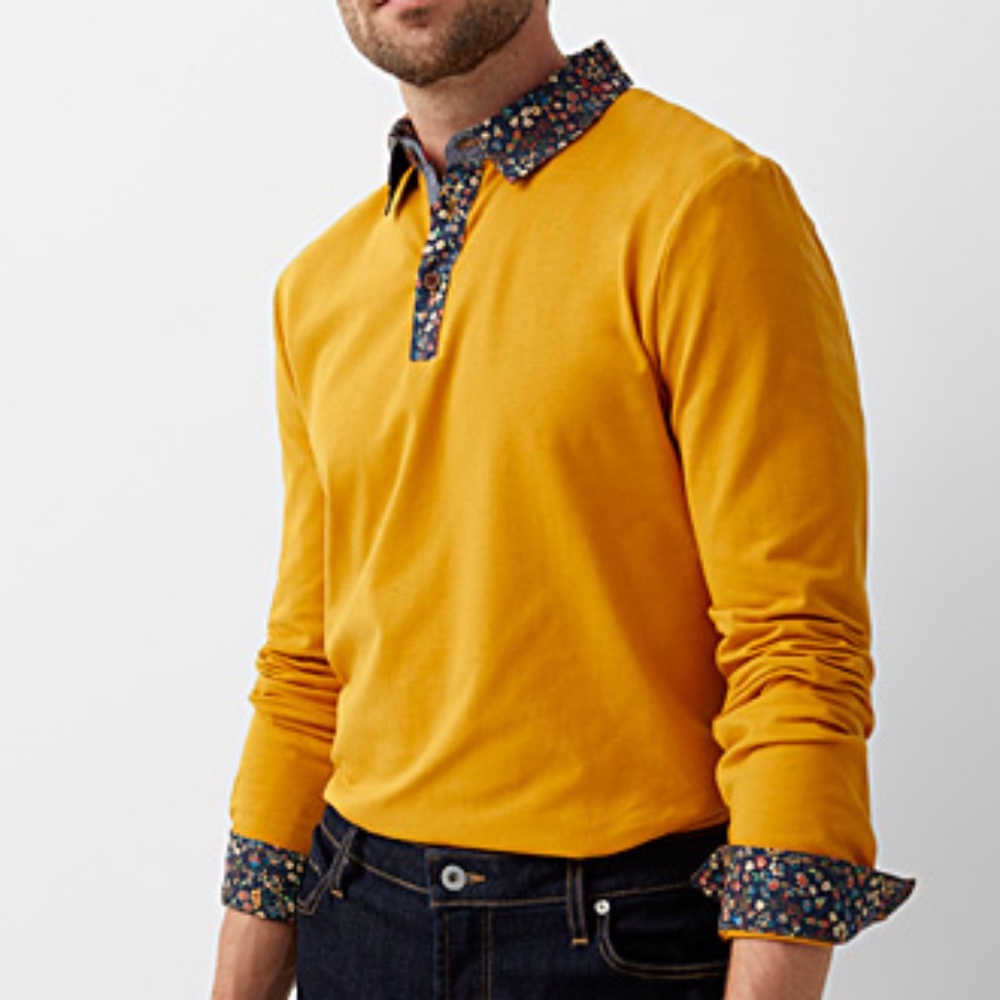 Bright yellow and floral collar jersey polo made with Liberty London fabric NWT